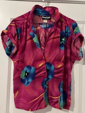 Vintage Stoplight California Pink Tropical Hawaiian Floral Button Shirt Blouse